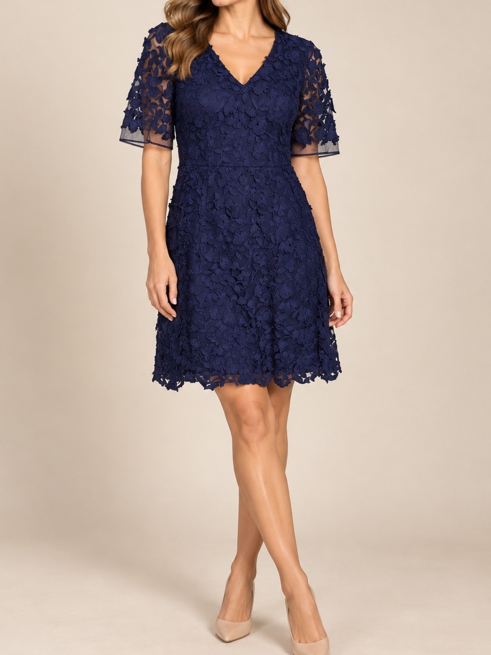 Adrianna Papell Deep Blue Floral Lace Midi Dress